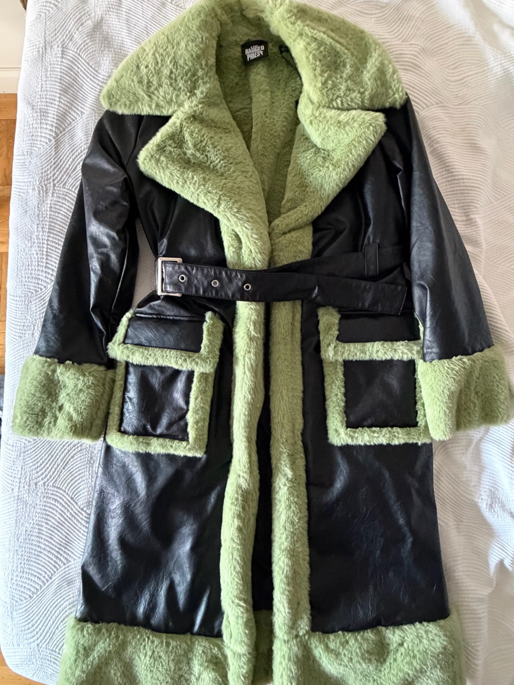 Ragged Priest Black Faux Leather Trench w/ Green Faux Fur Trim | XS | Women’s